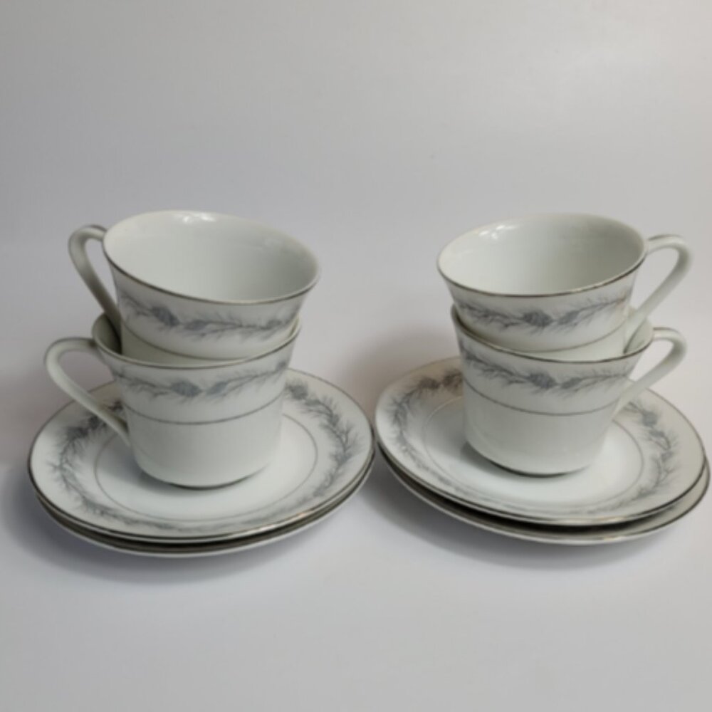 FOUR Style House China Duchess Cup and Saucer Sets White with Blue Pinecones